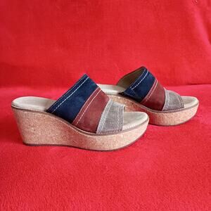 Clarks Aisley Lily Suede Cork Wedge Color Block Sandals Sz 7 M Beach Boho Y2K